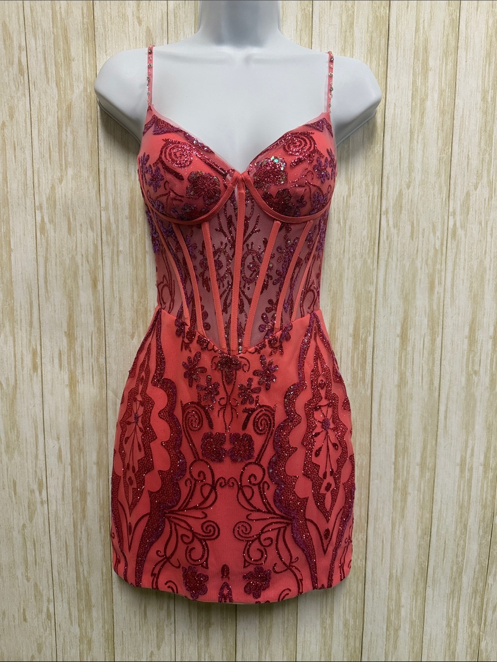 Embellished Coral Pink Prom Dress with Sheer Boning